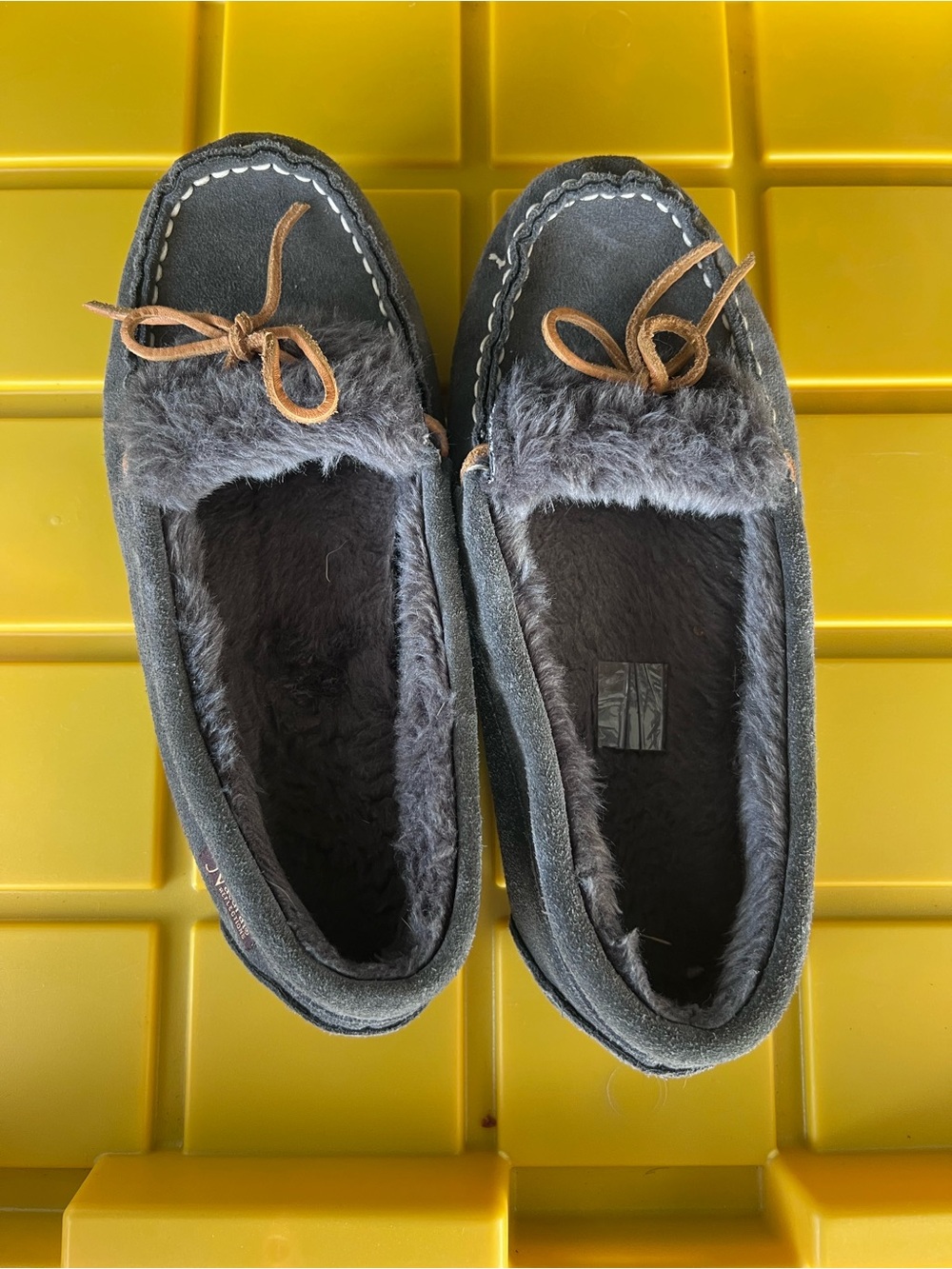 Natural Reflections Gray Faux-Fur Moccasin Slippers with Brown Ties